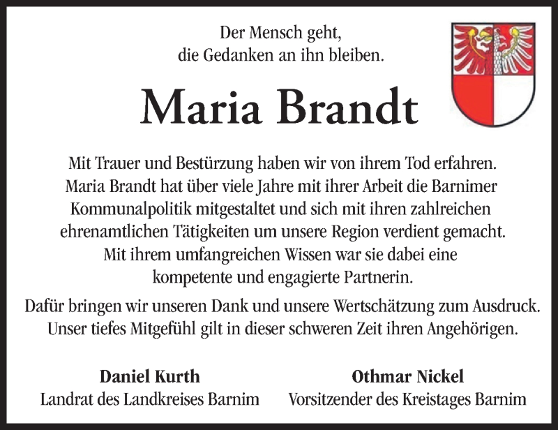  Traueranzeige für Maria Brandt vom 05.10.2019 aus Märkische Oderzeitung