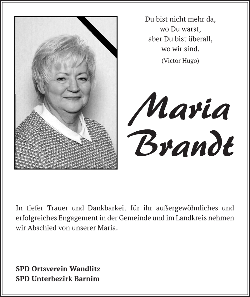  Traueranzeige für Maria Brandt vom 05.10.2019 aus Märkische Oderzeitung