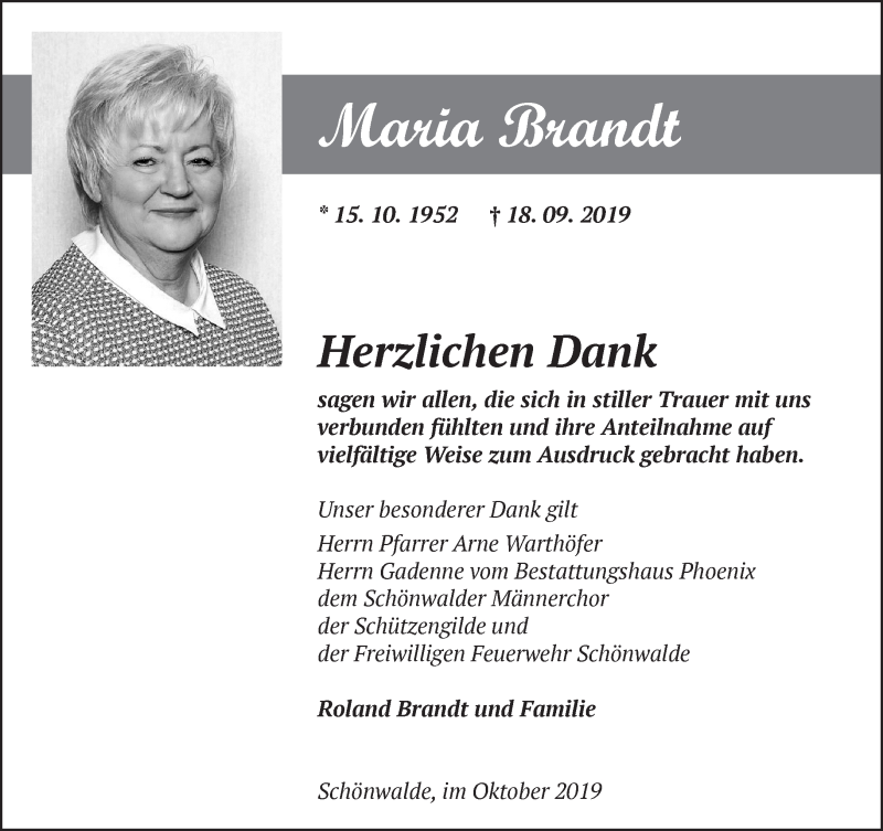  Traueranzeige für Maria Brandt vom 26.10.2019 aus Märkische Oderzeitung