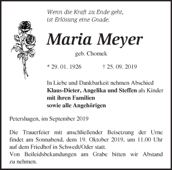 Traueranzeige von Maria Meyer von Märkische Oderzeitung