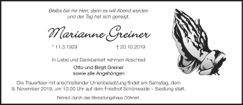 Traueranzeige von Marianne Greiner von Märkische Oderzeitung