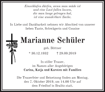 Traueranzeige von Marianne Schüler von Märkische Oderzeitung