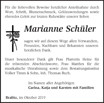 Traueranzeige von Marianne Schüler von Märkische Oderzeitung