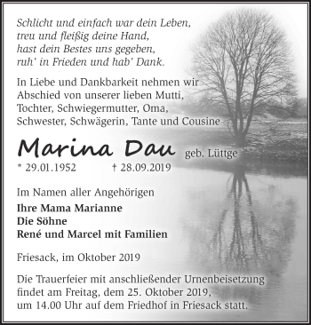 Traueranzeige von Marina Dau von Märkische Oderzeitung