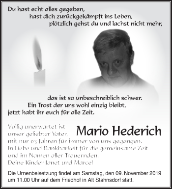 Traueranzeige von Mario Hederich von Märkische Oderzeitung