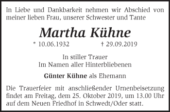 Traueranzeige von Martha Kühne von Märkische Oderzeitung