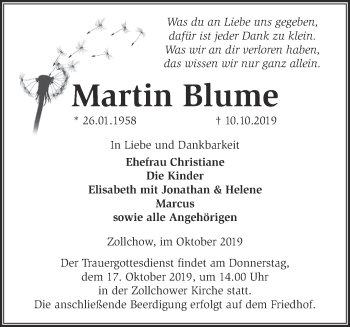 Traueranzeige von Martin Blume von Märkische Oderzeitung