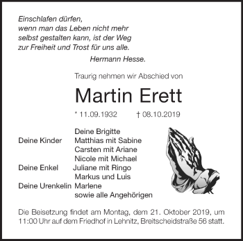 Traueranzeige von Martin Erett von Märkische Oderzeitung