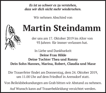 Traueranzeige von Martin Steindamm von Märkische Oderzeitung