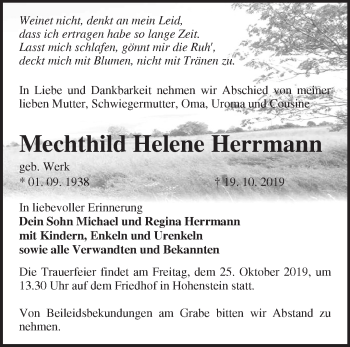 Traueranzeige von Mechthild Helene Herrmann von Märkische Oderzeitung