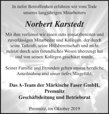 Traueranzeige von Norbert Karstedt von Märkische Oderzeitung