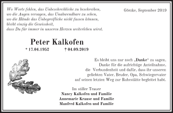 Traueranzeige von Peter Kalkofen von Märkische Oderzeitung