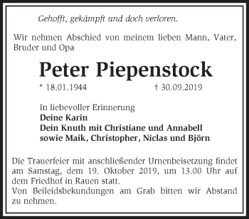 Traueranzeige von Peter Piepenstock von Märkische Oderzeitung