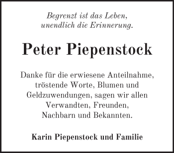 Traueranzeige von Peter Piepenstock von Märkische Oderzeitung