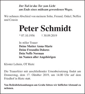 Traueranzeige von Peter Schmidt von Märkische Oderzeitung