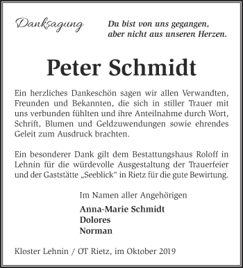 Traueranzeige von Peter Schmidt von Märkische Oderzeitung