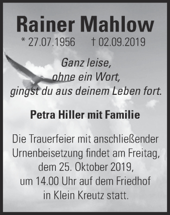 Traueranzeige von Rainer Mahlow von Märkische Oderzeitung