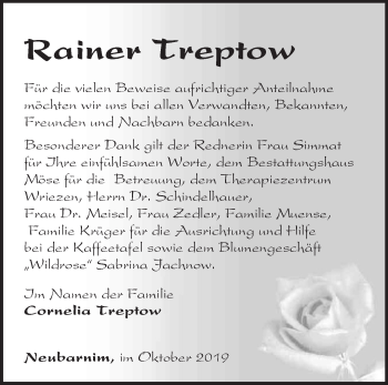 Traueranzeige von Rainer Treptow von Märkische Oderzeitung