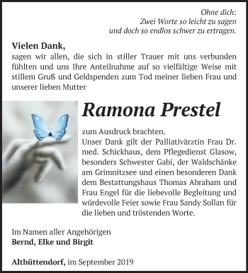 Traueranzeige von Ramona Prestel von Märkische Oderzeitung