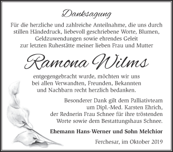 Traueranzeige von Ramona Wilms von Märkische Oderzeitung