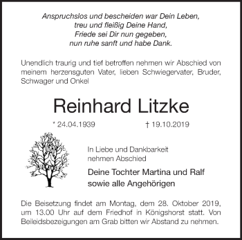 Traueranzeige von Reinhard Litzke von Märkische Oderzeitung