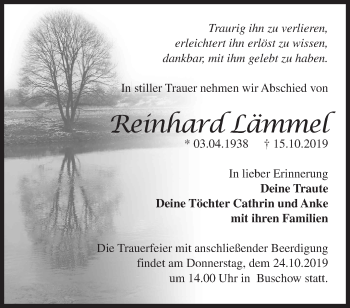 Traueranzeige von Reinhard Lämmel von Märkische Oderzeitung