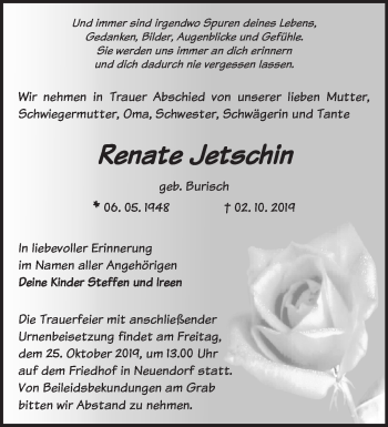 Traueranzeige von Renate Jetchin von Märkische Oderzeitung