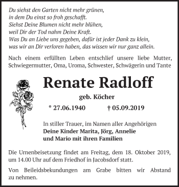 Traueranzeige von Renate Radloff von Märkische Oderzeitung