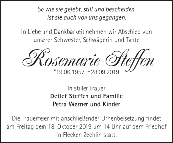 Traueranzeige von Rosemarie Steffen von Märkische Oderzeitung