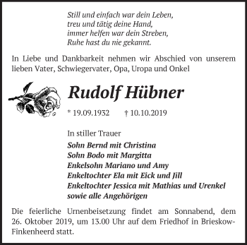 Traueranzeige von Rudolf Hübner von Märkische Oderzeitung