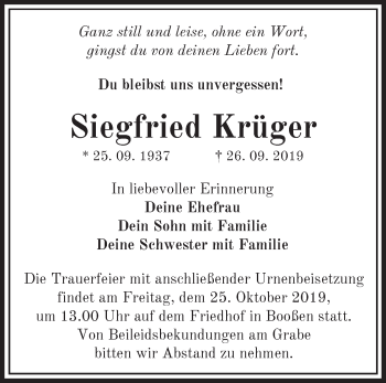 Traueranzeige von Siegfried Krüger von Märkische Oderzeitung