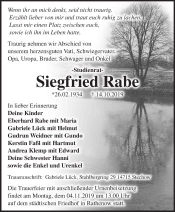 Traueranzeige von Siegfried Rabe von Märkische Oderzeitung