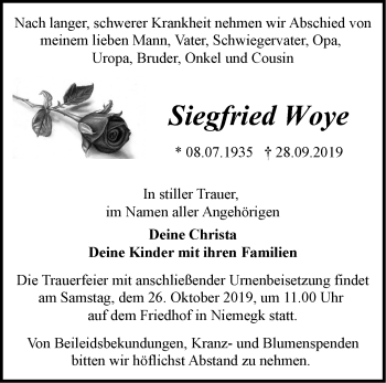 Traueranzeige von Siegfried Woye von Märkische Oderzeitung