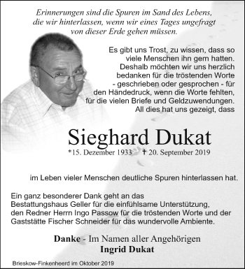 Traueranzeige von Sieghard Dukat von Märkische Oderzeitung