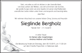 Traueranzeige von Sieglinde Bergholz von Märkische Oderzeitung