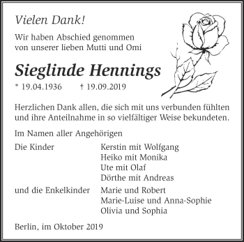 Traueranzeige von Sieglinde Hennings von Märkische Oderzeitung