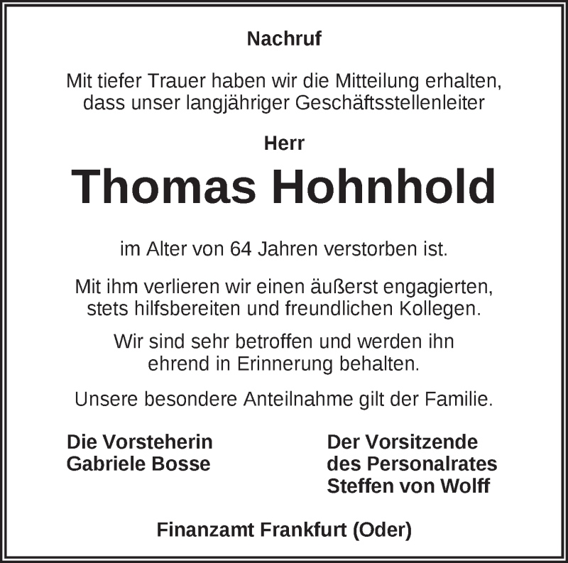  Traueranzeige für Thomas Hohnhold vom 01.10.2019 aus Märkische Oderzeitung