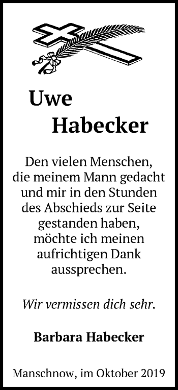 Traueranzeige von Uwe Habecker von Märkische Oderzeitung