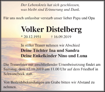 Traueranzeige von Volker Distelberg von Märkische Oderzeitung