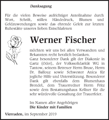 Traueranzeige von Werner Fischer von Märkische Oderzeitung