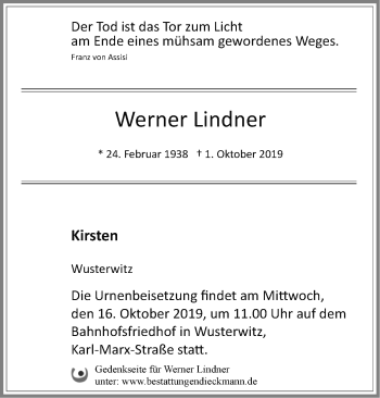 Traueranzeige von Werner Lindner von Märkische Oderzeitung