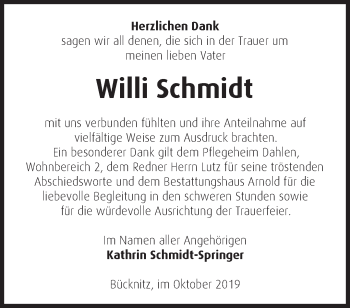 Traueranzeige von Willi Schmidt von Märkische Oderzeitung