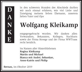 Traueranzeige von Wolfgang Kleikamp von Märkische Oderzeitung