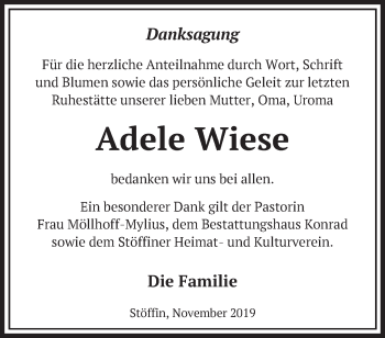 Traueranzeige von Adele Wiese von Märkische Oderzeitung