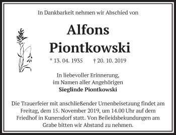 Traueranzeige von Alfons Piontkowski von Märkische Oderzeitung