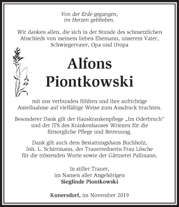 Traueranzeige von Alfons Piontkowski von Märkische Oderzeitung