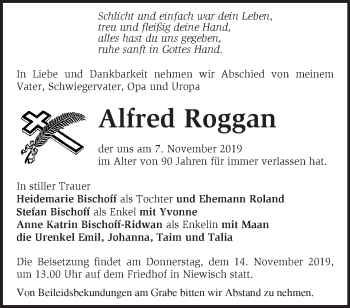 Traueranzeige von Alfred Roggan von Märkische Oderzeitung