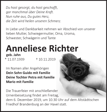 Traueranzeige von Anneliese Richter von Märkische Oderzeitung