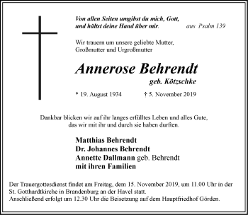 Traueranzeige von Annerose Behrendt von Märkische Oderzeitung