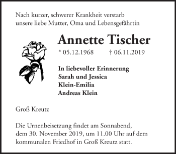 Traueranzeige von Annette Tischer von Märkische Oderzeitung